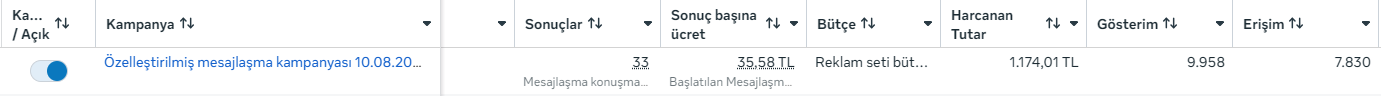 Özelleştirilmiş mesajlaşma kampanyası — 33 konuşma, konuşma başına 35,58 TL